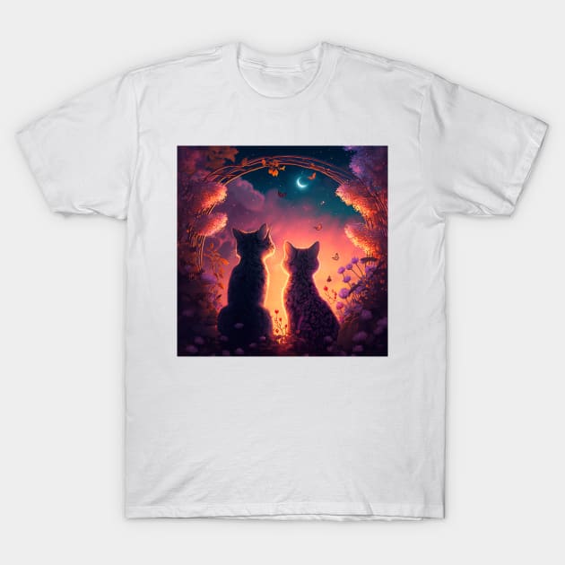 Adorable Two Cats Looking At Sunset T-Shirt by Zachariya420